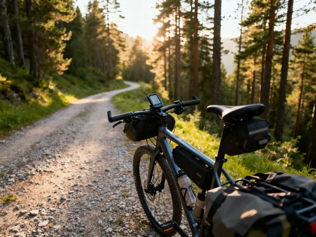 Wysokiej klasy rower trekkingowy z sakwami przygotowany do długiej wyprawy na leśnej ścieżce w promieniach słońca.