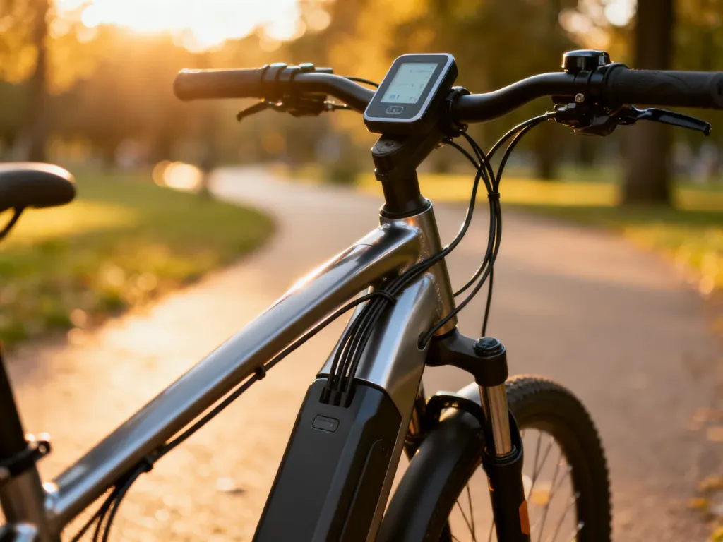 Zbliżenie na zintegrowaną baterię i wyświetlacz nowoczesnego roweru elektrycznego w słonecznym parku.