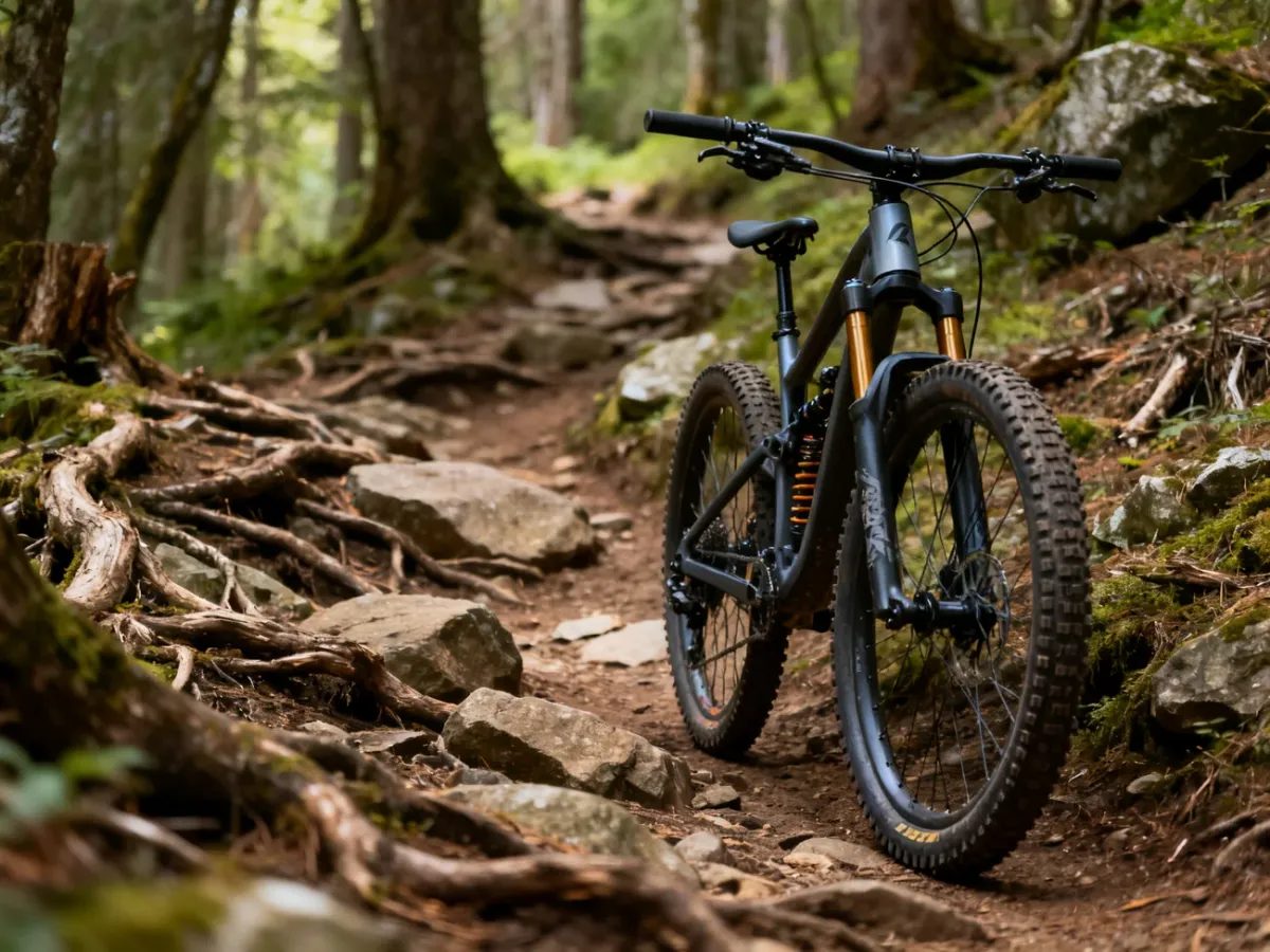 Rower MTB z szerokimi oponami na kamienistej leśnej ścieżce