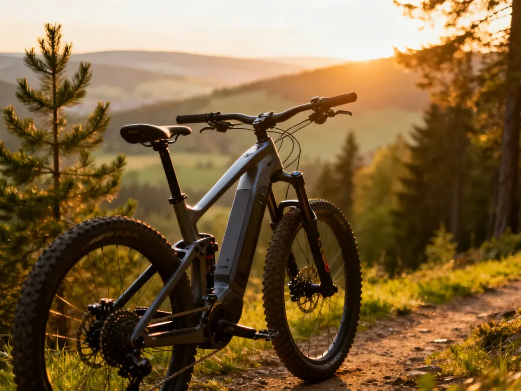 Nowoczesny rower elektryczny typu MTB zaparkowany na leśnej ścieżce w świetle zachodzącego słońca.