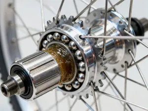 Dłonie rowerzysty trzymające ergonomiczne chwyty na kierownicy roweru górskiego na tle słonecznego lasu.