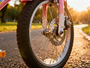 Zbliżenie na mechanizm regulacji wysokości siodełka w nowoczesnym rowerze dziecięcym na tle słonecznego parku.