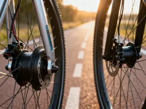 Końcówka pompki rowerowej podłączona do wentyla typu Presta w kole roweru szosowego.