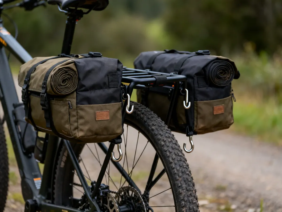 Sakwy trekkingowe zamocowane na tylnym bagażniku roweru