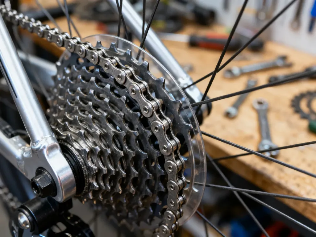 Zbliżenie na kasetę wolnobiegu i czysty łańcuch rowerowy w warsztacie, ilustrujące mechanizm napędu Shimano MF-TZ21.