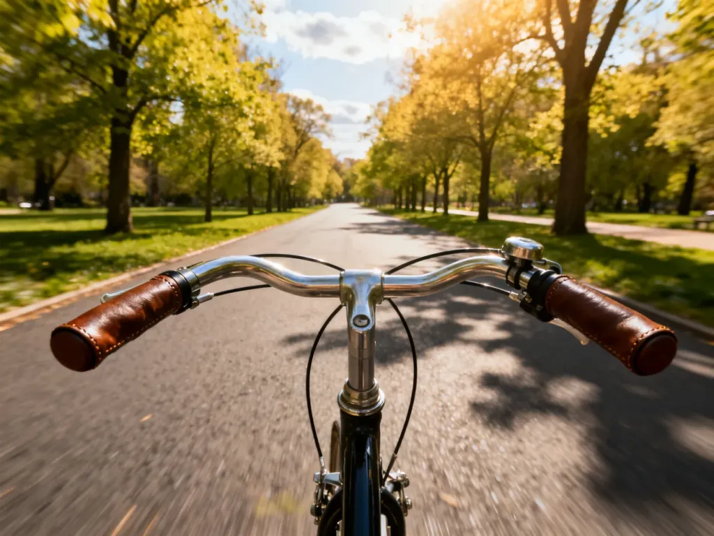 Widok z perspektywy kierownicy roweru na słoneczną parkową alejkę, zachęcający do patrzenia przed siebie podczas jazdy.