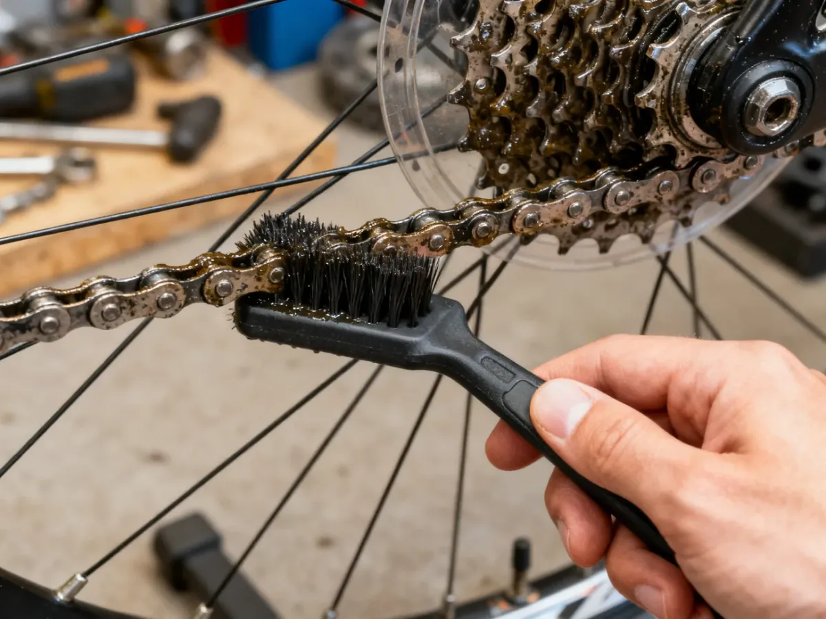 Czyszczenie zabrudzonego łańcucha rowerowego szczotką