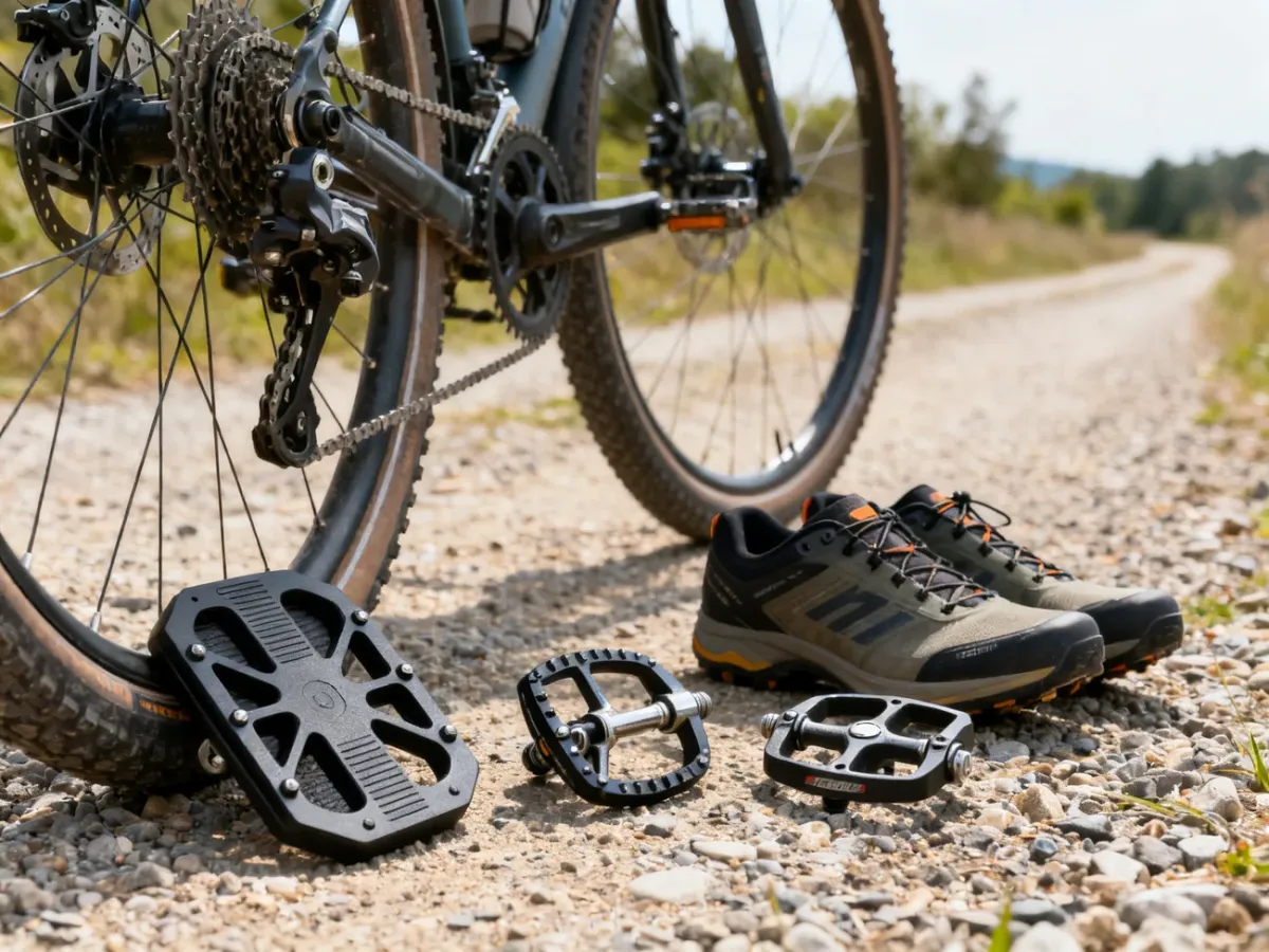 Rower trekkingowy z pedałami platformowymi, SPD i hybrydowymi na tle szutrowej trasy