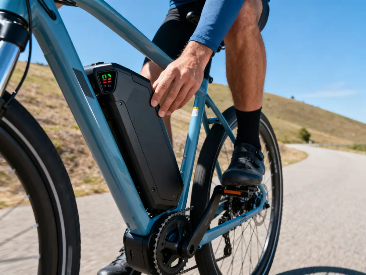 Rowerzysta obserwujący działanie baterii w rowerze elektrycznym podczas jazdy