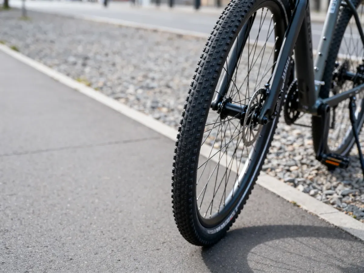 Rower MTB z oponą trekkingową semi-slick na miejskiej ścieżce rowerowej