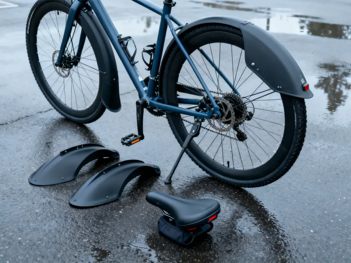 Różne typy błotników rowerowych ułożone obok roweru na mokrej nawierzchni