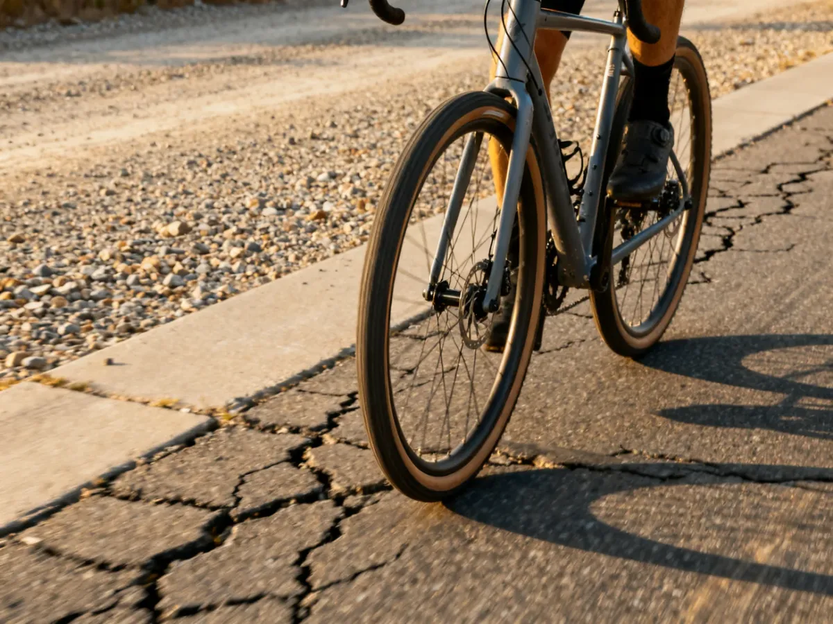 Gravelowy rower na asfalcie z szutrową drogą w tle