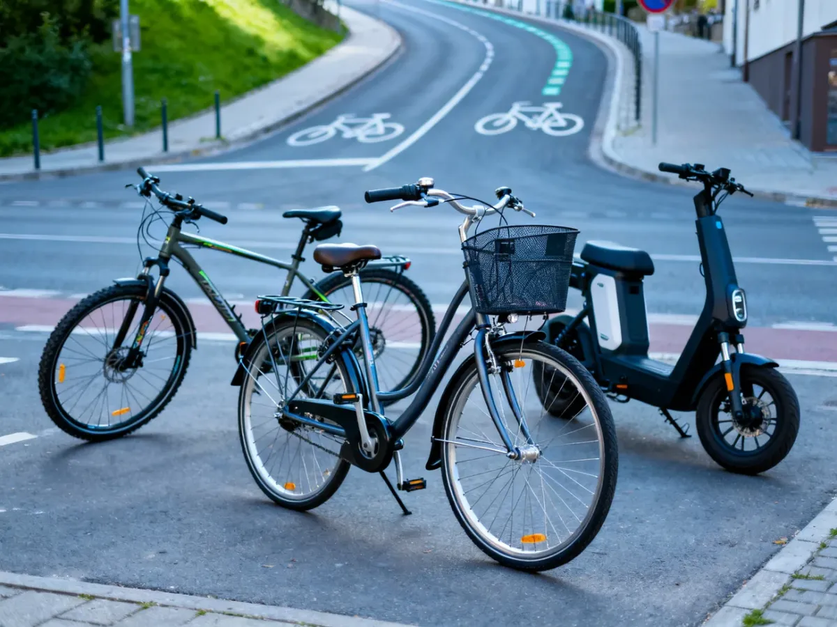 Rower miejski, trekkingowy i elektryczny na miejskiej ulicy