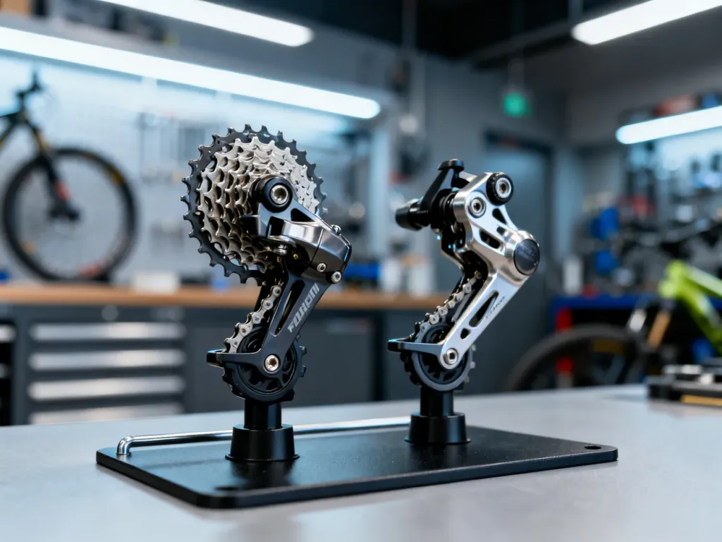 Porównanie przerzutek rowerowych Shimano Acera i Tourney zamontowanych na stojaku serwisowym.