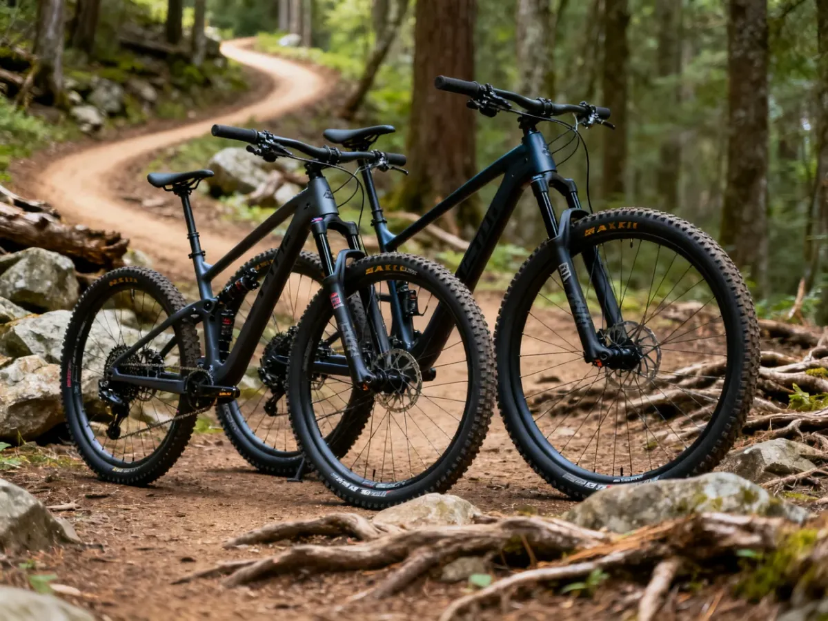 Dwa rowery górskie MTB z kołami 27,5 i 29 cali na leśnej trasie