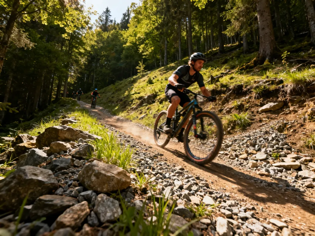Kolarz podczas maratonu MTB na kamienistym leśnym szlaku