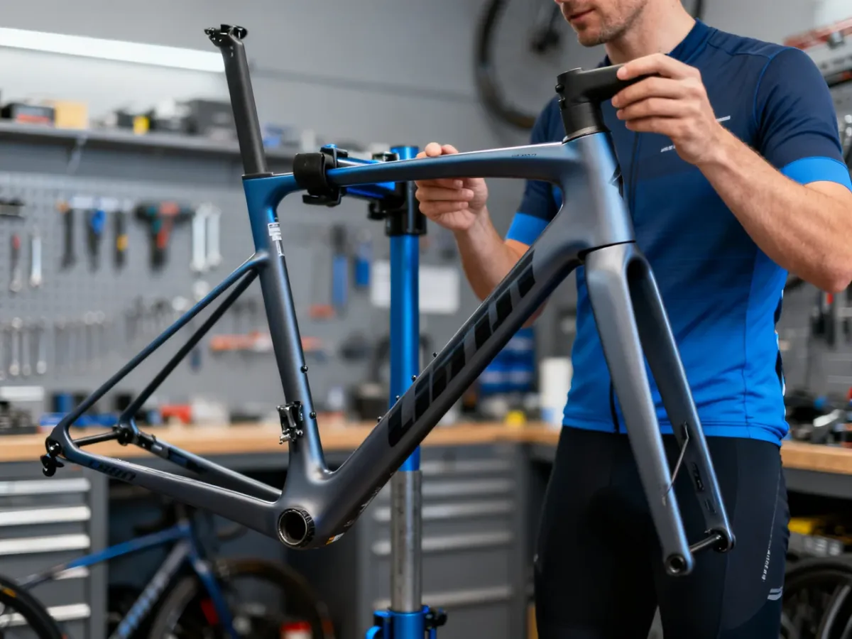 Rowerzysta porównujący geometrię dwóch ram rowerowych w sklepie