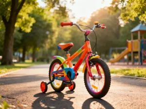 Kolorowy kask rowerowy w rozmiarze 52-54 cm spoczywający na drewnianym stole na tle słonecznego parku.