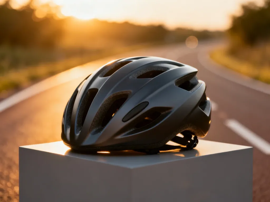 Nowoczesny kask rowerowy o aerodynamicznym kształcie wyeksponowany na minimalistycznym tle.