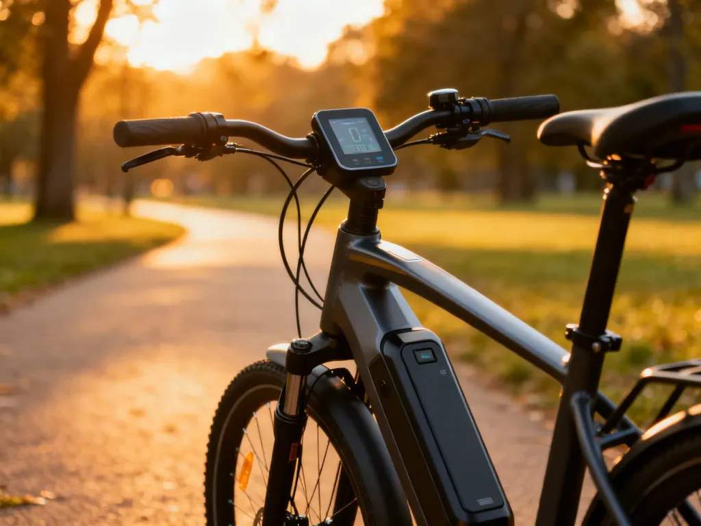 Zbliżenie na zintegrowaną baterię i wyświetlacz nowoczesnego roweru elektrycznego na tle słonecznej parkowej alejki.