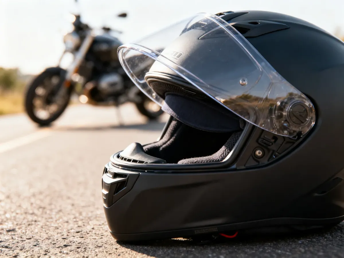 Kask motocyklowy z opuszczoną wewnętrzną blendą przeciwsłoneczną