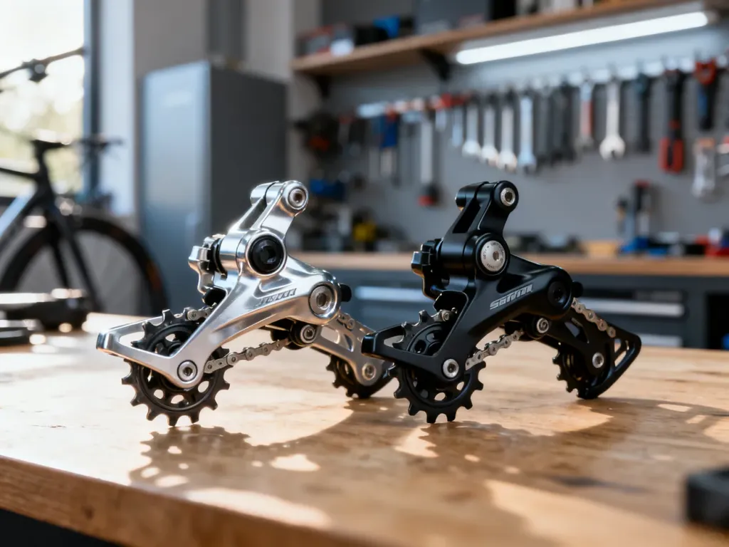 Dwie przerzutki rowerowe Shimano na profesjonalnym stole warsztatowym, prezentujące detale mechaniczne osprzętu.