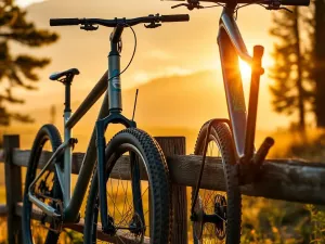 Porównanie przednich przerzutek SRAM i Shimano zamontowanych na warsztatowym stole, ukazujące detale ich konstrukcji.