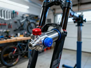 Strzykawka z olejem podłączona do zacisku hamulca rowerowego podczas procesu odpowietrzania układu hydraulicznego.