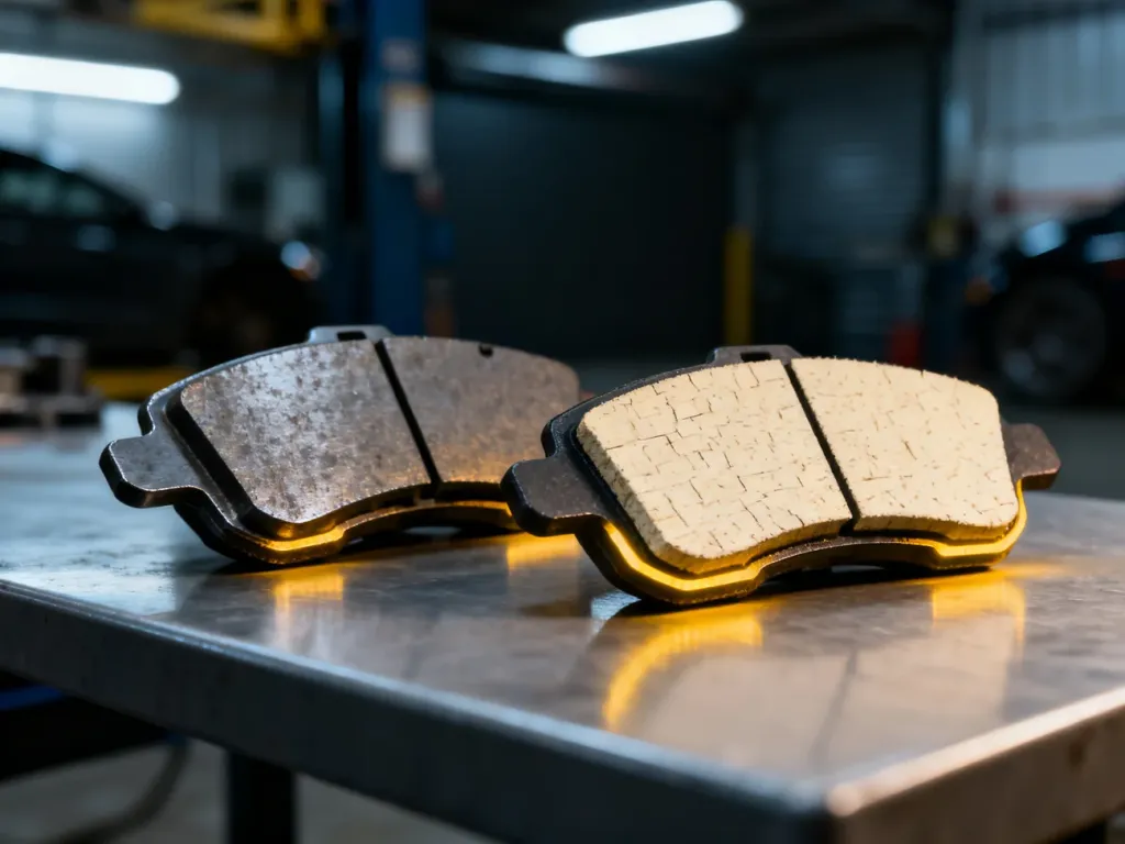 Porównanie klocków hamulcowych: metalicznych oraz ceramicznych o jasnej powierzchni kompozytowej na stole warsztatowym.