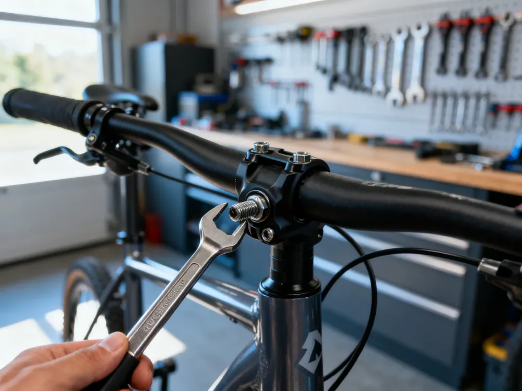Mechanik dokręca śruby mostka kierownicy roweru za pomocą klucza imbusowego w profesjonalnym warsztacie.