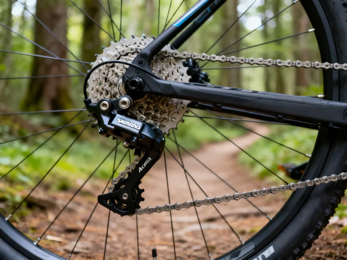 Przerzutka Shimano Acera zamontowana w rowerze na tle leśnej trasy