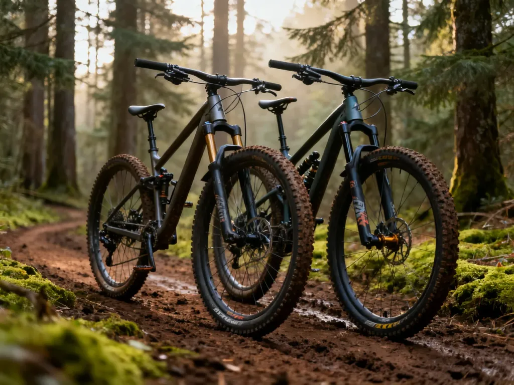 Porównanie rowerów typu hardtail i full suspension 29er stojących na błotnistej leśnej ścieżce.