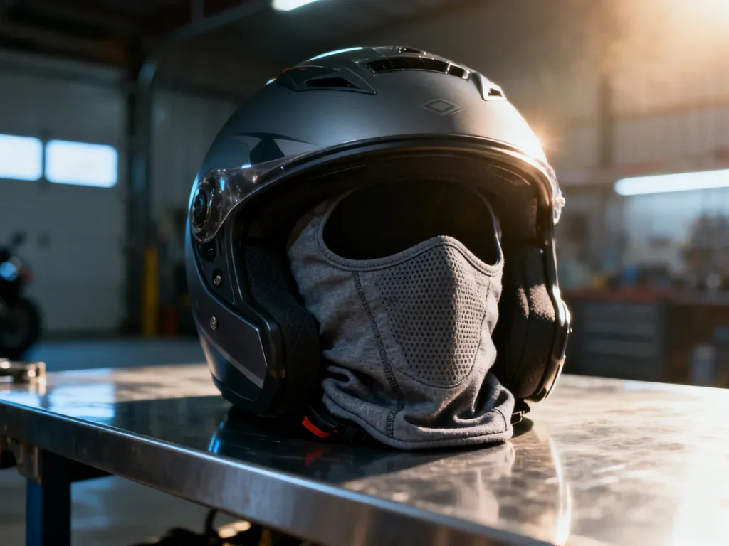 Nowoczesny kask motocyklowy z umieszczoną wewnątrz kominiarką termoaktywną na tle warsztatu.