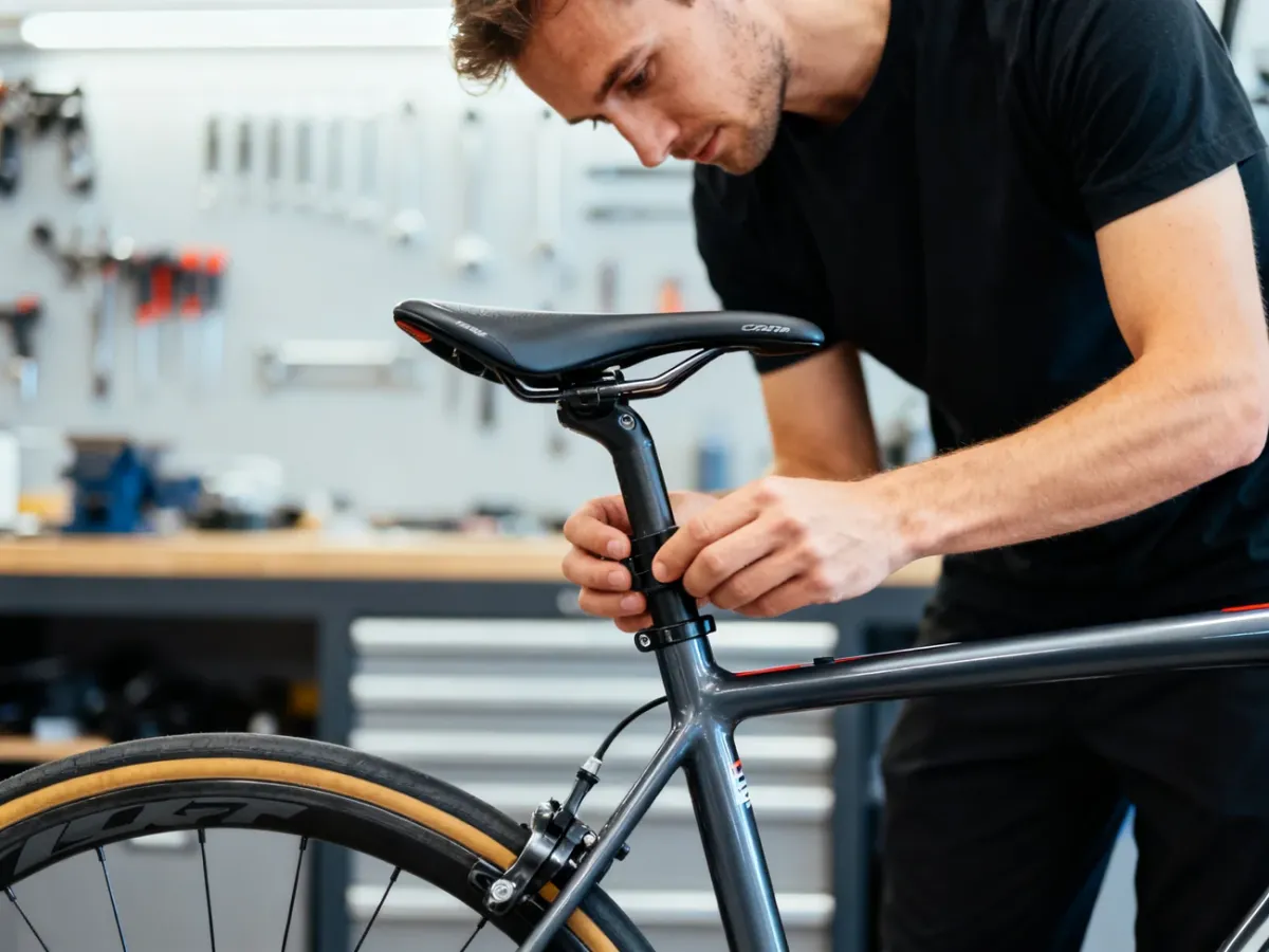 Rowerzysta regulujący położenie siodełka podczas dopasowania roweru