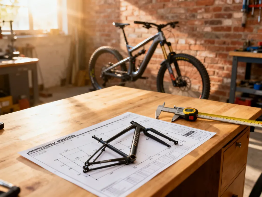 Tabela geometrii ramy rowerowej z narzędziami pomiarowymi na biurku, pomocna przy doborze rozmiaru roweru MTB.