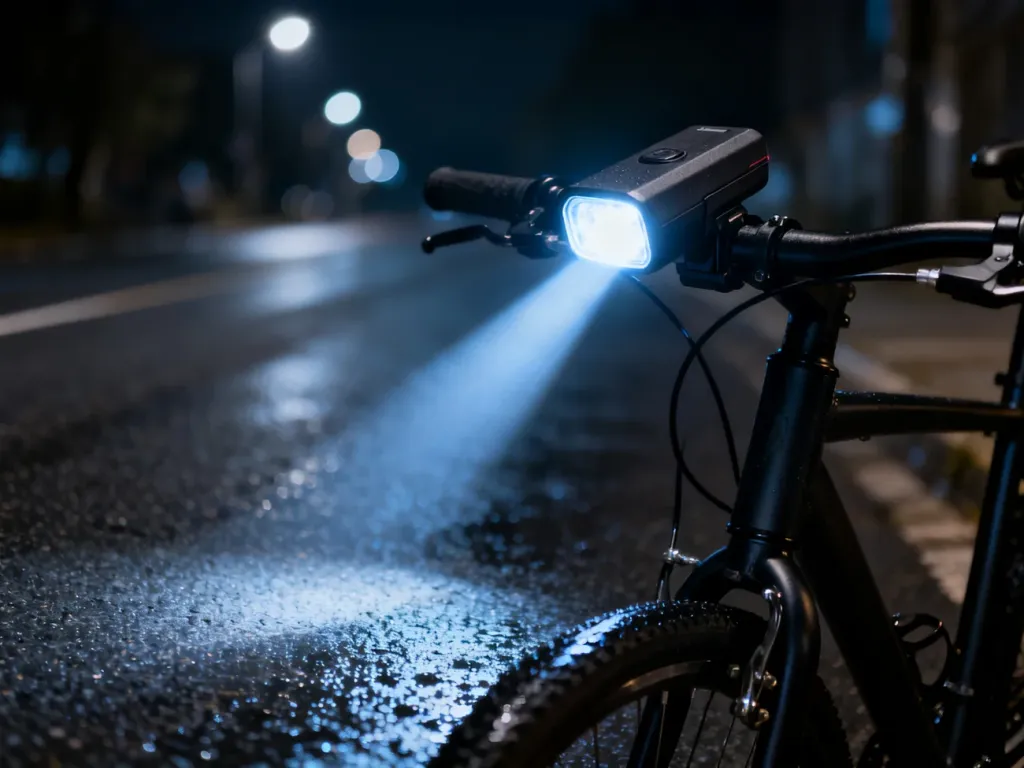 Włączona przednia lampka rowerowa LED oświetlająca mokry asfalt w nocy, zamontowana na czarnej kierownicy roweru.