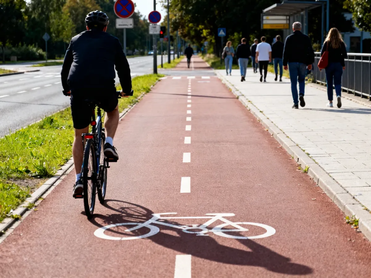 Rowerzysta poruszający się po wyznaczonej drodze dla rowerów obok jezdni