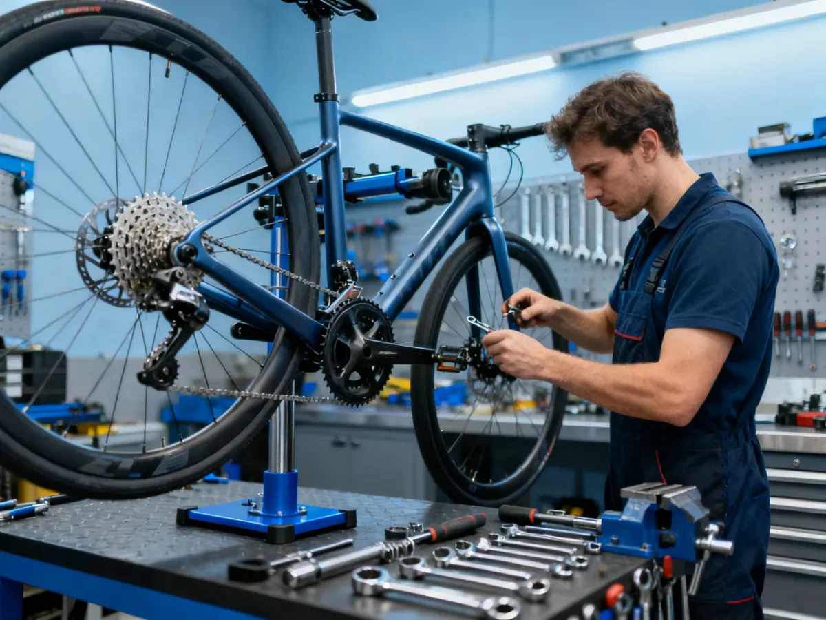 Mechanik wykonujący rozszerzony przegląd roweru w warsztacie