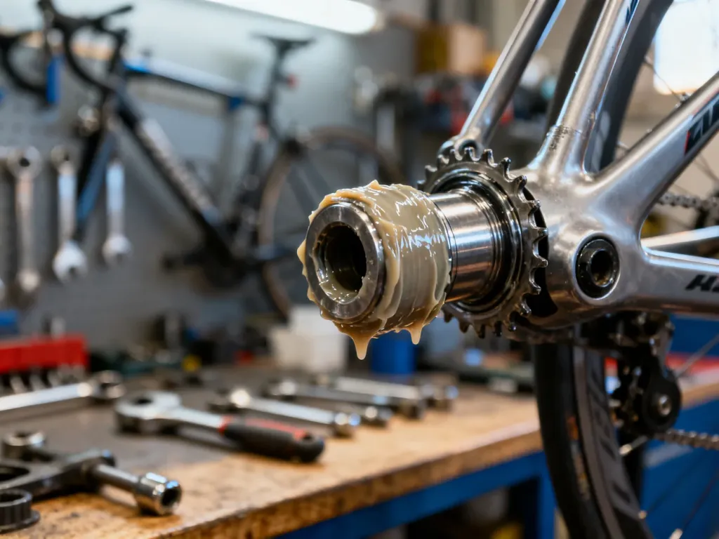 Profesjonalny serwis suportu rowerowego z nałożonym wodoodpornym smarem na metalowe elementy mechanizmu.