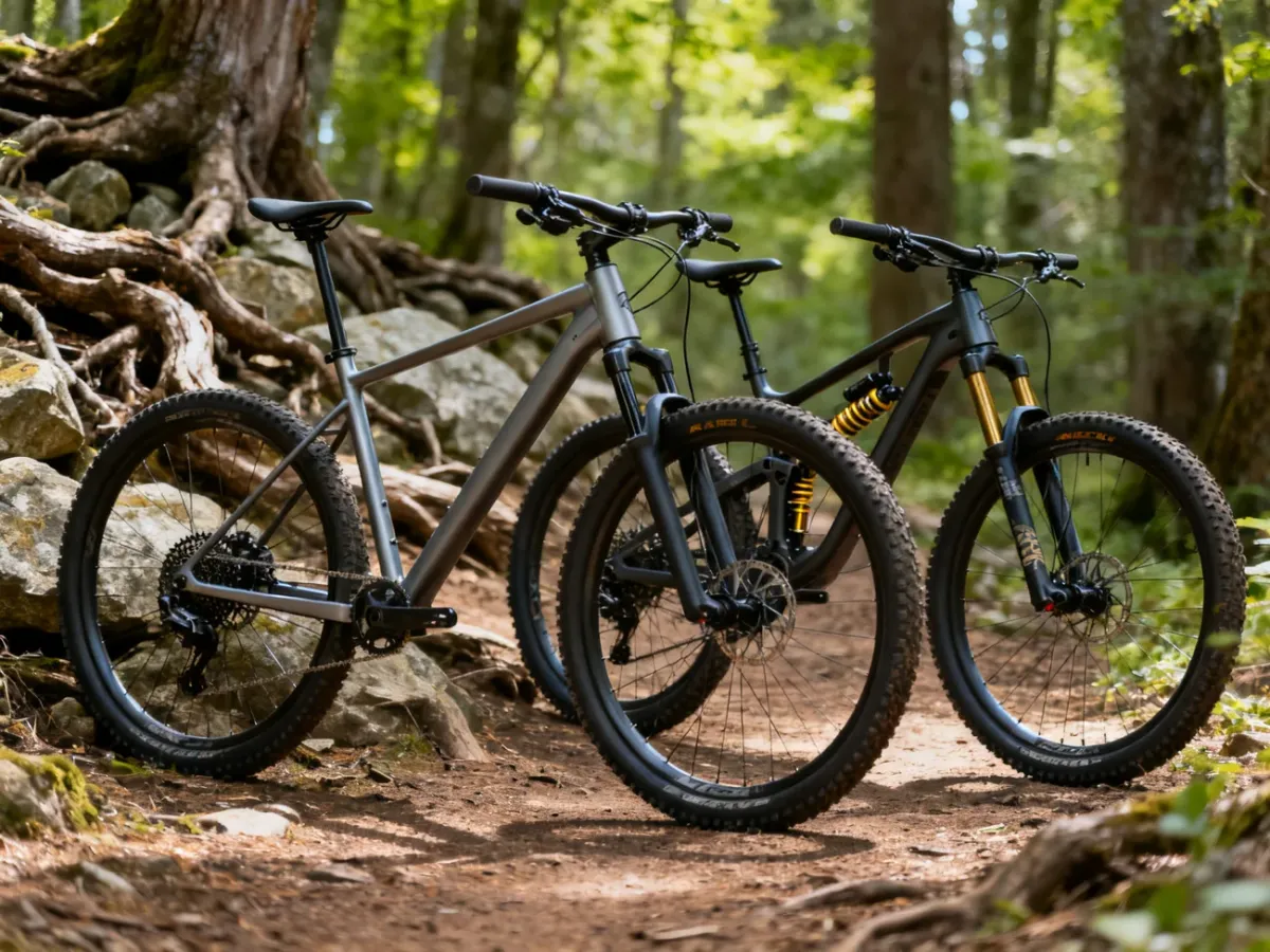 Hardtail i full suspension 29er ustawione obok siebie na leśnym szlaku