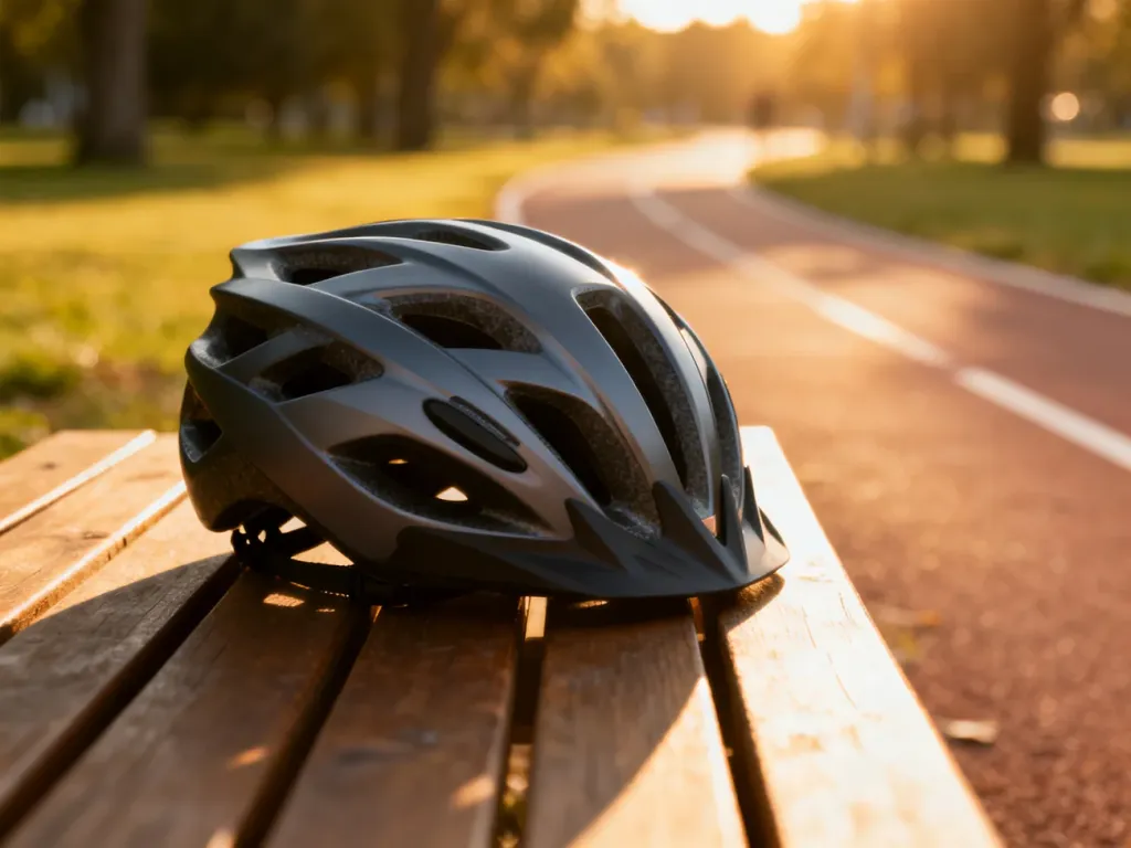 Nowoczesny kask rowerowy na drewnianym blacie w tle słonecznej ścieżki rowerowej. Idealny wybór dla bezpieczeństwa.