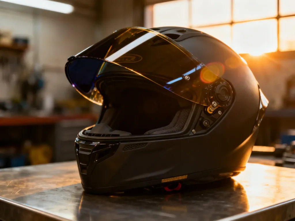 Nowoczesny kask motocyklowy z częściowo wysuniętą blendą przeciwsłoneczną w warsztatowej scenerii.