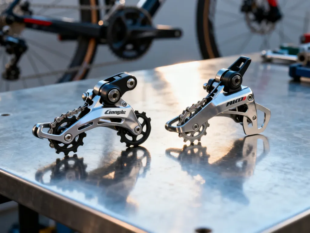 Porównanie przednich przerzutek SRAM i Shimano zamontowanych na warsztatowym stole, ukazujące detale ich konstrukcji.