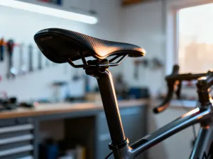 Zbliżenie na mechanizm amortyzatora rowerowego z widoczną sprężyną i układem hydraulicznym na tle leśnej ścieżki.