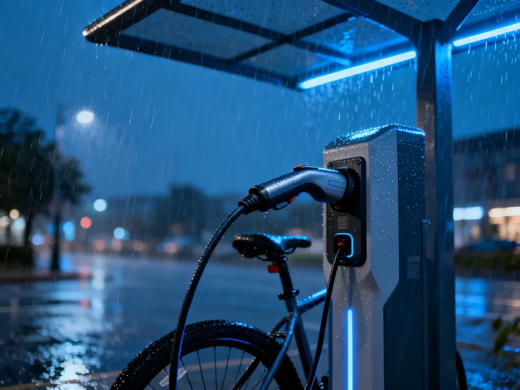 Rower elektryczny ładowany pod zadaszeniem podczas deszczu, z wyraźnym zbliżeniem na bezpieczne podłączenie kabla.