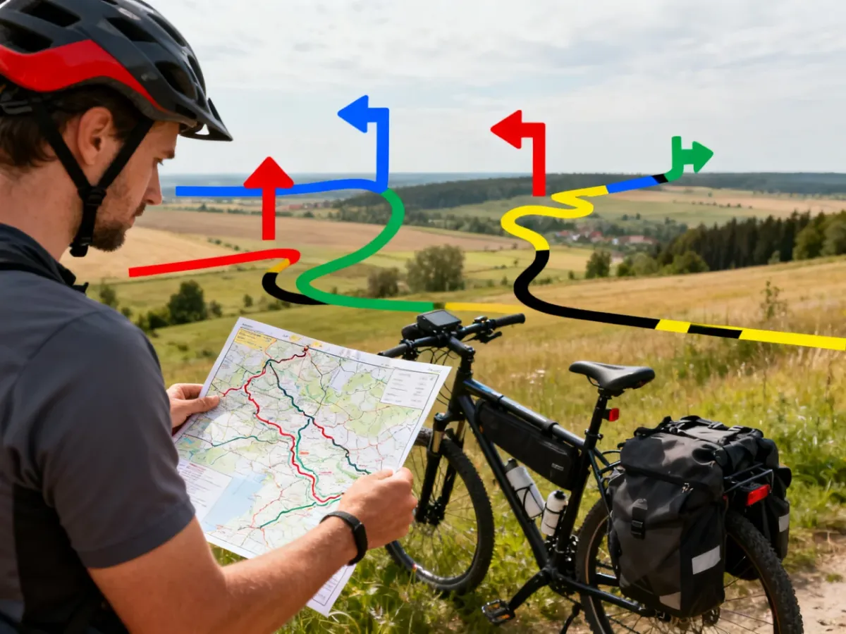 Rowerzysta planujący trasę na podstawie mapy szlaków w polskim krajobrazie