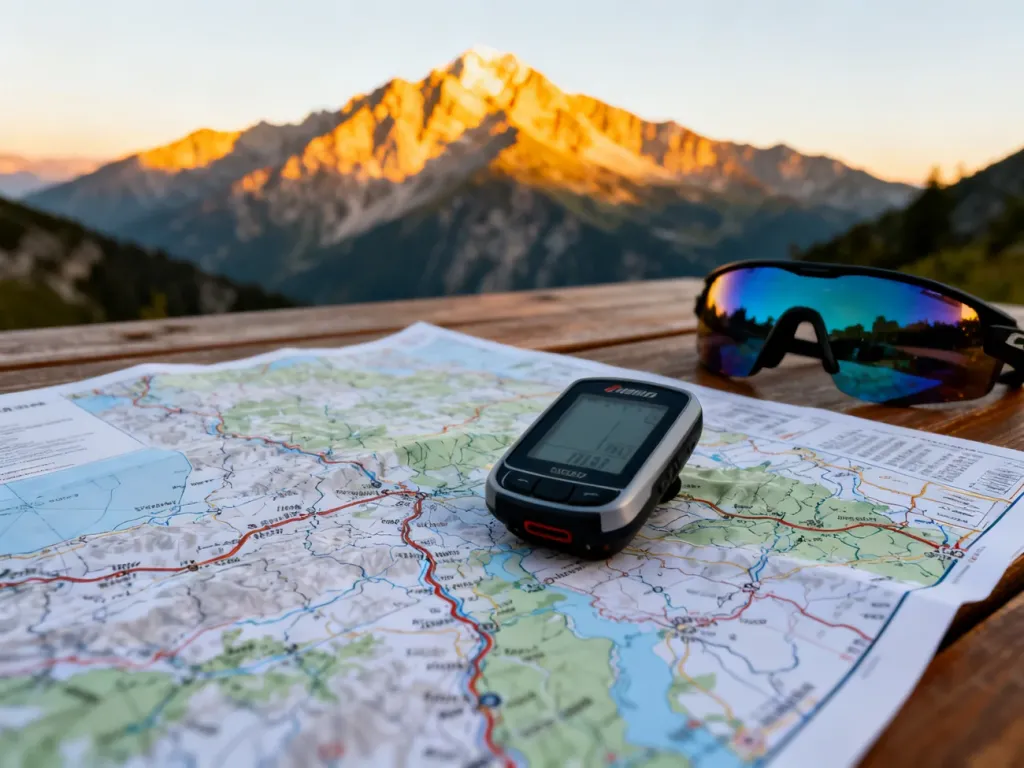 Papierowa mapa, licznik GPS i okulary rowerowe na drewnianym stole na tle górskiego krajobrazu o wschodzie słońca.