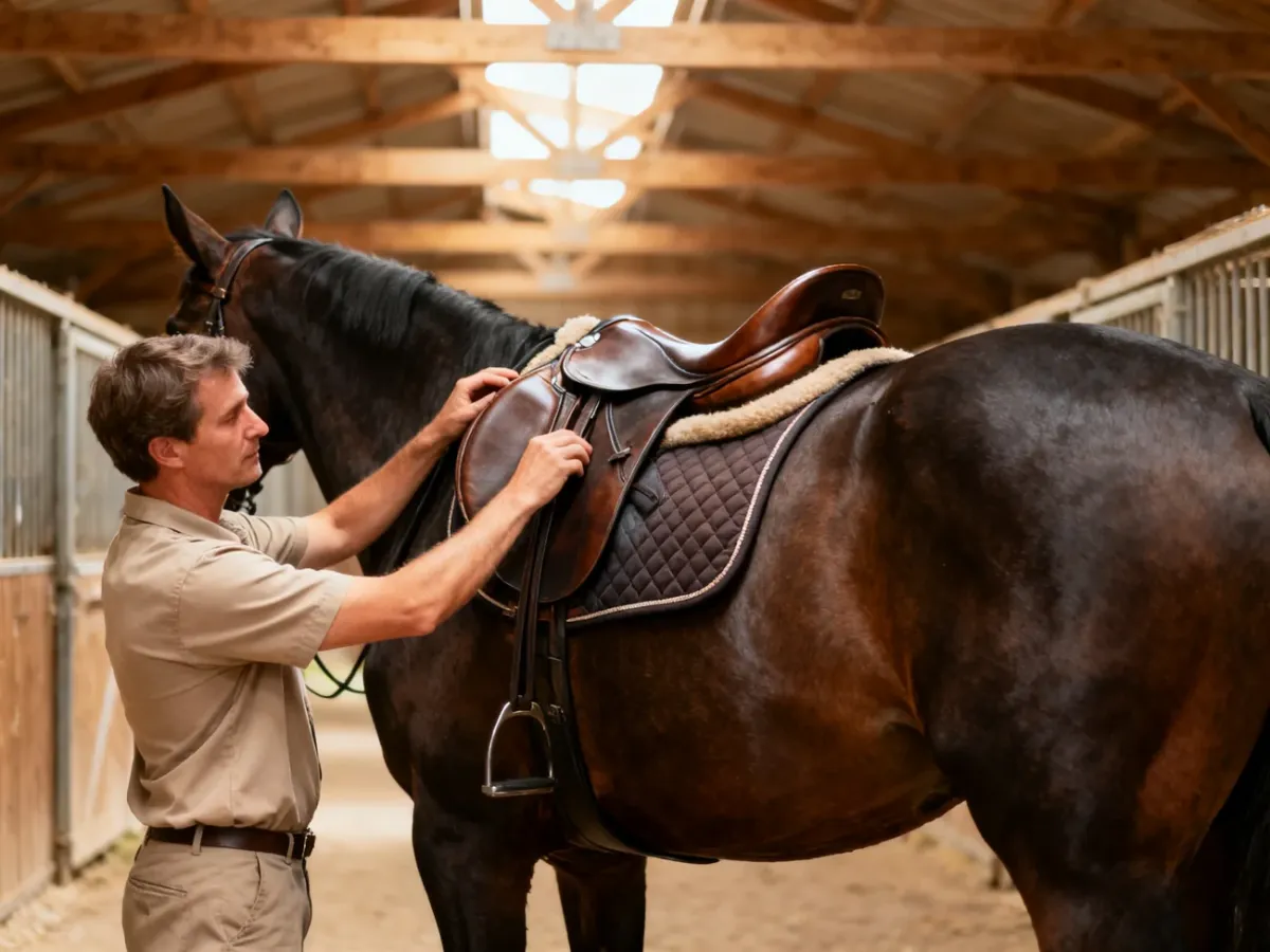Saddle fitter checking the fit of an English saddle on a horse