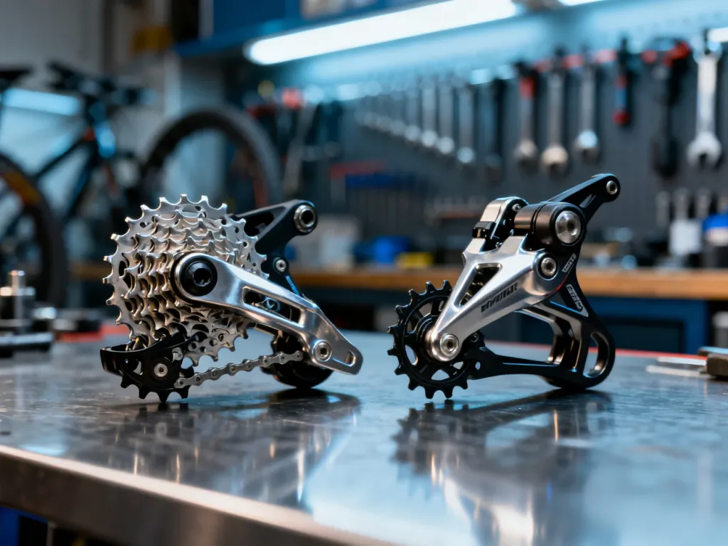 Dwie przerzutki rowerowe Shimano na profesjonalnym stole warsztatowym, prezentujące detale mechanizmu napędowego.