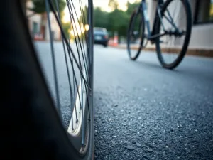 Zbliżenie na koło i ramę nowoczesnego roweru górskiego na tle leśnej ścieżki w promieniach słońca.